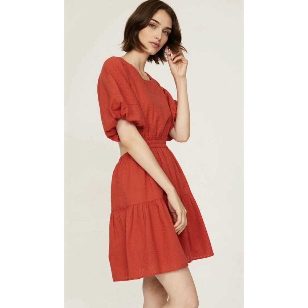 Madewell Mini Dress Orange Seersucker Puff Sleeve Cutout Vacay Large